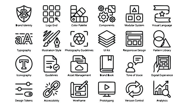 Vector line icon set of 24 unique icons for brand identity and design systems, featuring logo grid, color palette, components, typography, UI kit, wireframe, prototyping, and digital experience.