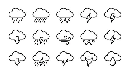 Obraz premium Minimalist Vector Set of Rainy and Stormy Cloud Line Icons; Weather Symbols for Rain, Lightning, Thunder, Wind, Snow, and Tornado on a Clean White Background for UI, Web, and Mobile App Design