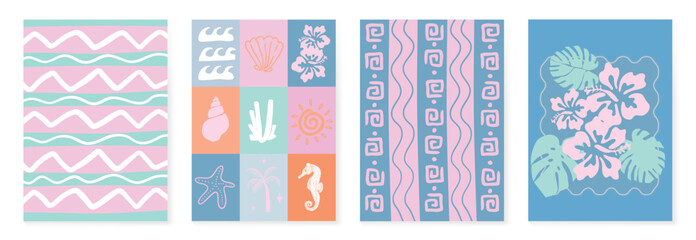 Naklejka premium Marine summer pattern collection with waves, shells, seahorse, coral, hibiscus flowers and tropical coastal backgrounds vector set.