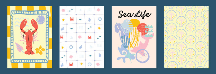 Sea life summer poster and pattern collection with lobster, shells, seahorse, fish, palm trees and coastal elements vector set. © TWINS DESIGN STUDIO
