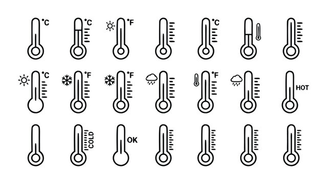 Vector Set of Minimalistic Thermometer Line Icons Featuring Various Temperature Levels, Weather Symbols, Celsius and Fahrenheit Scales, and Hot, Cold, OK Labels on a Clean White Background.