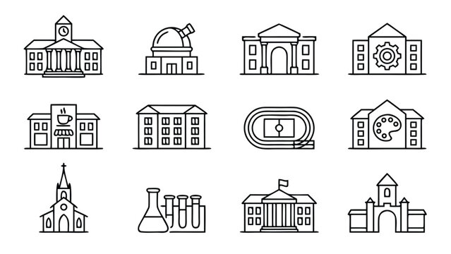 Vector Set of University Campus Buildings Line Icons in Minimalistic Style Featuring Academic Facilities like Library, Observatory, Science Lab, Stadium, Arts Center, and Student Union Cafe.