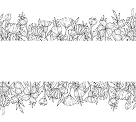 Botanical ink wedding seamless borer with wildflowers on white background. Hand drawn outline flowers and greenery branch. Line art for wedding invitation, greeting birthday cards. © Катерина Тышковская