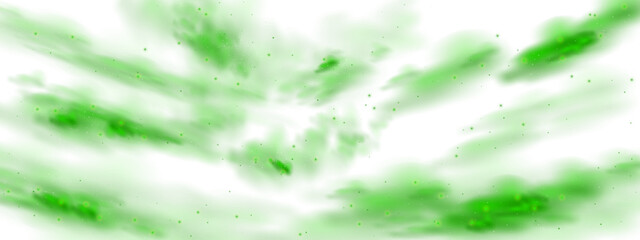 Fototapeta premium Magic green smoke and gas smell fog background. Sparkle light with poison powder for Halloween energy festive bg. Hazy night sky with radiation vortex and stardust illustration. Chemical vape mist