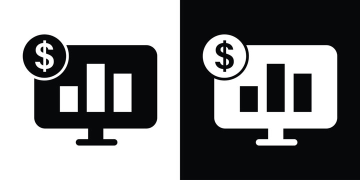 Online business revenue and financial analysis icon. Vector laptop showing growth bar charts and a dollar sign coin on black and white backgrounds.