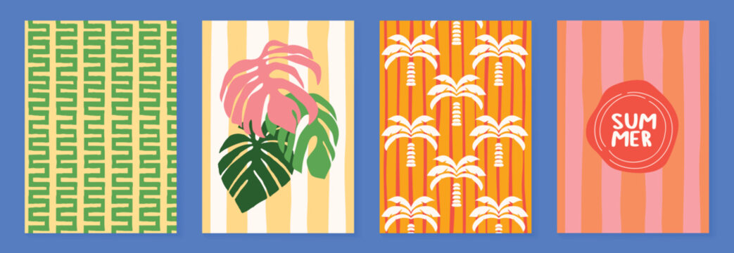 Tropical summer poster and pattern collection with monstera leaves, palm trees, striped backgrounds and retro beach badge vector set.