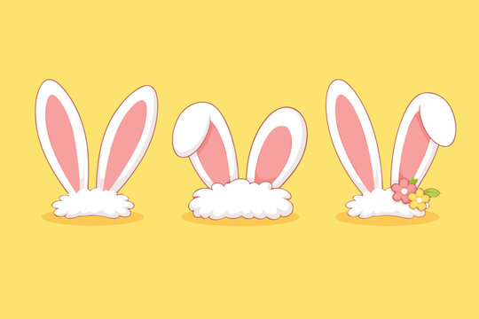 Set of three cute cartoon bunny ears with fluffy whit bases on a yellow backgrond, featuring upright and loppy rabbit ear designs wth floral accents, perfectfor Easter and spring thems.