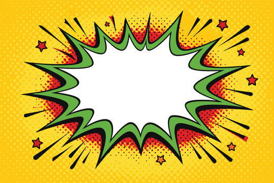 Retro Comic Book Starburst Speech Bubble with Blank White Center, Green Burst Outline, Yellow Halftone Dot Background, and Red Stars for Pop Art Design, Cartoon Explosion Vector Illustration.