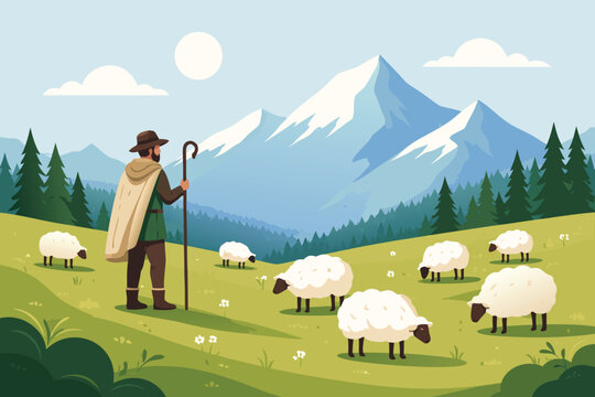 Flat design vector illustration of a shepherd with a taff tending a flock of flffy white sheep in a greenalpine meadow with scenic now-capped mountains and pne trees in the background