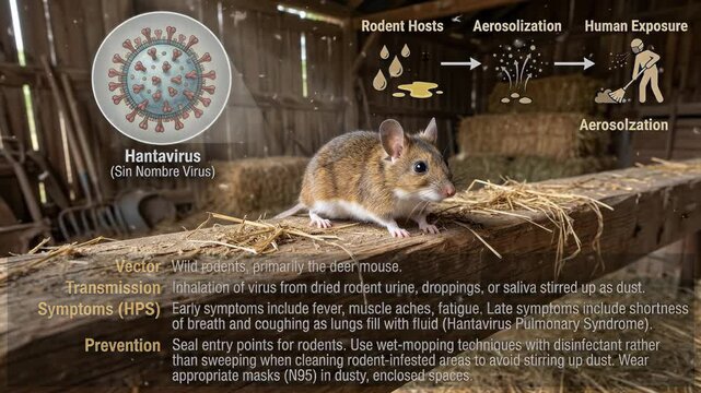 Deer mouse demonstrating hantavirus zoonotic disease transmission cycle, explaining rodent borne aerosolization, human exposure risks, and pulmonary syndrome prevention strategy.