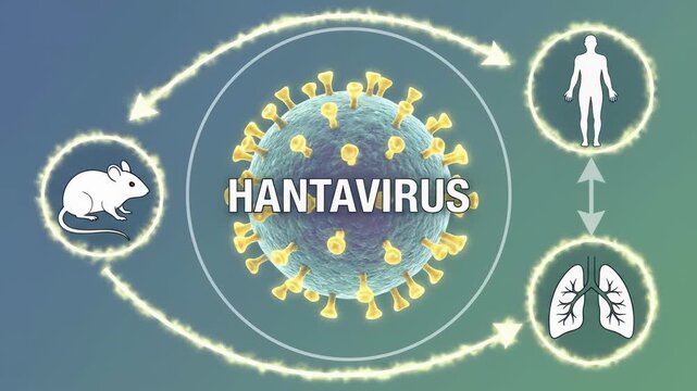 Hantavirus demonstrating viral pathogen transmission cycle, showing infectious zoonotic disease spread from rodent reservoir to human host, impacting respiratory system.