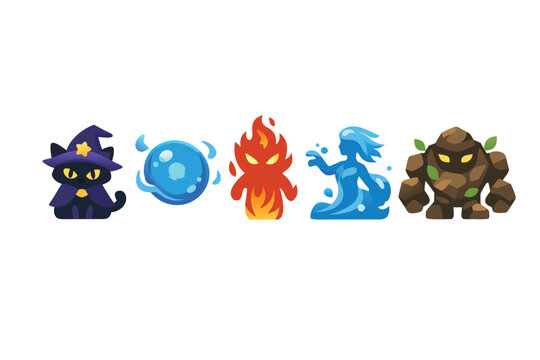 Set of Mythical Creatures and Magical Beings Icons Including a Wizard Cat, Magic Orb, Fire Elemental, Water Spirit, and Earth Golem Vector Illustration for Fantasy Games and Creative Projects
