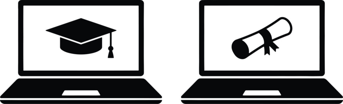Online education icons featuring graduation cap and diploma on laptops for e learning
