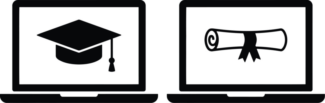Online education icons on laptops for e learning and academic presentation