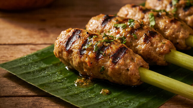 Premium close-up commercial food photography of authentic Balinese Sate Lilit, minced spiced meat wrapped on fresh lemongrass stalks with grilled marks on banana leaf.