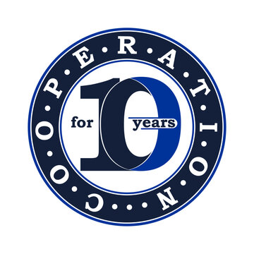 Cooperation for 10 years, decade of success. Round blue emblem vector template for corporate celebration, business partnership, achievement or jubilee logo design. Vector