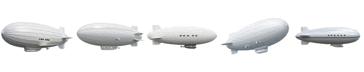 White Blimp Airship Collection with Different Angles Isolated on White Background for Aviation History, Rigid Dirigible Zeppelin Illustration, and Sky Transport Concept © Dynamic Shoots
