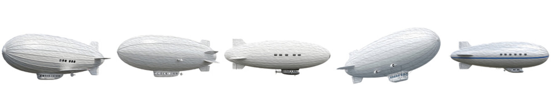 White Blimp Airship Collection with Different Angles Isolated on White Background for Aviation History, Rigid Dirigible Zeppelin Illustration, and Sky Transport Concept