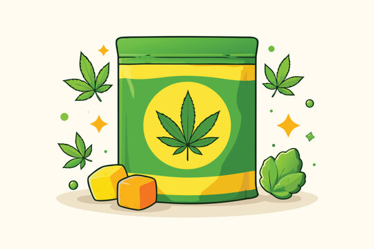 Vector Illustration of a Green and Yellow Cannabis Edbles Package with Marijuan Leaf Logo, Featuring Gumm Cubes and Hemp Leaves in  Simple Flat Design for Meical and Recreational Use