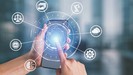 Fototapeta premium AI Assistant Brain Processor with LLM Technology, Big Data, Machine Learning, Generative AI for Business Support, Future Agentic AI Technology and Artificial Intelligence Prompt Engineering. Spire