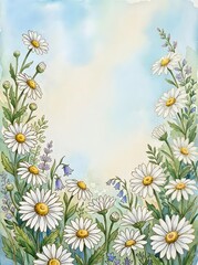 Fototapeta premium Watercolor daisy meadow border with lavender and bluebells on soft sky background, copy space for greeting cards and invitations.
