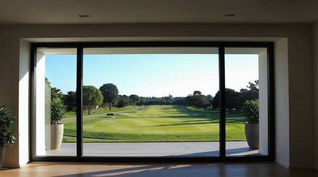 Modern home interior with large window overlooking lush golf course. Sunlight streams into room creating shadows on wooden floor. Serene view of green fairways and trees under clear blue sky.