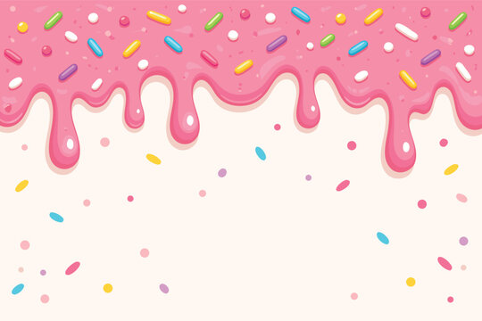 Pink Icing Drip with Colorful Sprinkles Cartoon Sweet Dessert Decoration Vector Illustration. Vibrant Melting Strawberry Glaze Background for Party, Birthday, Cake, and Donut Design Projects.