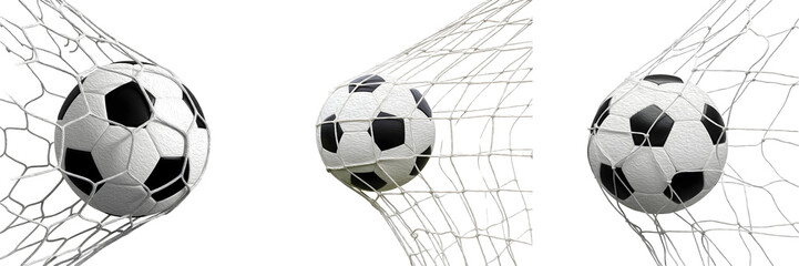Soccer Ball Hitting the Goal Net Collection Isolated on White Background for Football Championship, Sports Tournament, Match Winning Moment, and Athletic Graphic Assets © Dynamic Shoots