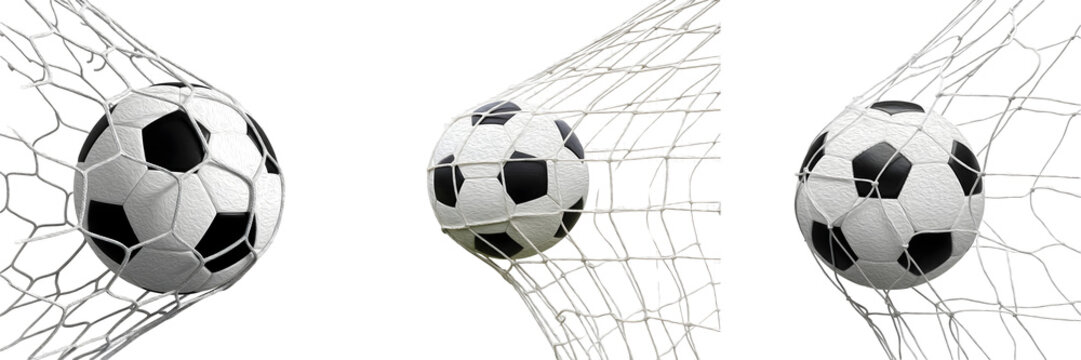 Soccer Ball Hitting the Goal Net Collection Isolated on White Background for Football Championship, Sports Tournament, Match Winning Moment, and Athletic Graphic Assets