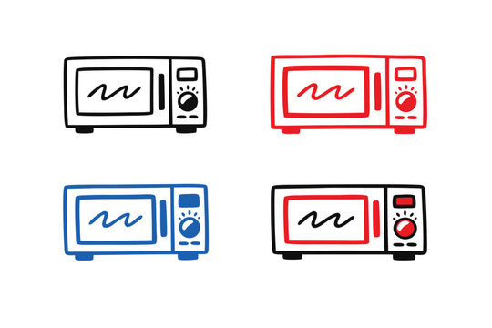 Set of four colorful hand-drawn microwave oven icons in black, red, and blue. Minimalist doodle style kitchen appliance vector illustration for cooking, heating food, and home electronics.