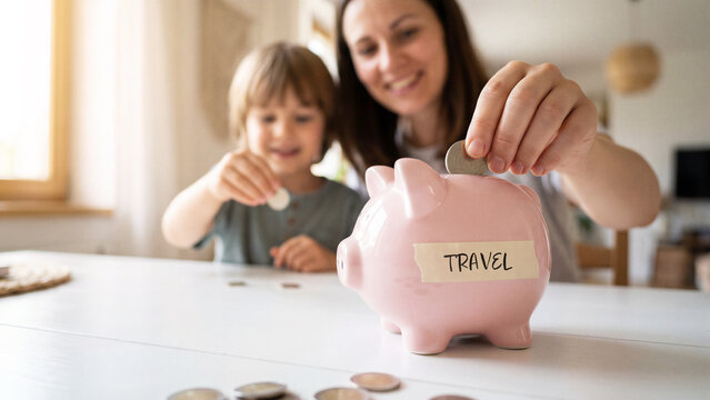 Mother and child putting coins into a pink piggy bank labeled travel at home, family saving money for vacation and budgeting together, domestic finance planning and future holiday concept