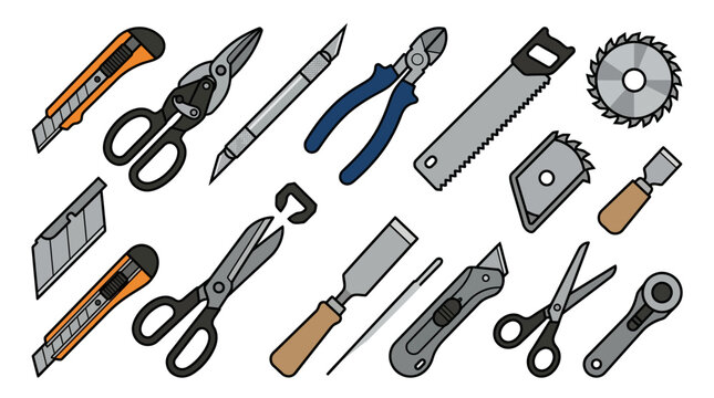 Colorful Assortment of Hand Tools and Cutting Instruments Icons on Isolated White Background