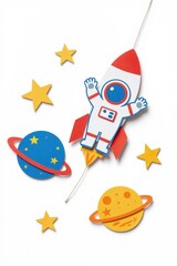Fototapeta premium Cute cartoon astronaut with rocket and planets. Paper cutouts in space with stars. Kids adventure, fantasy travel, and exploration theme. Childrens craft fun activity. Galactic journey discovery.