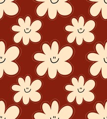 Obraz premium Cute Smiley Face Flower Seamless Pattern on Dark Red Background