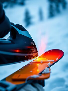 Hot wax melts onto ski base from iron, preparing for mountain descent,  repair, ski wax