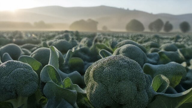 firmness. Vast field of green broccoli under soft morning sunlight with dew. gardening catalogs, home-decor guides, designed for home decor and floral branding, enhances decor appeal.