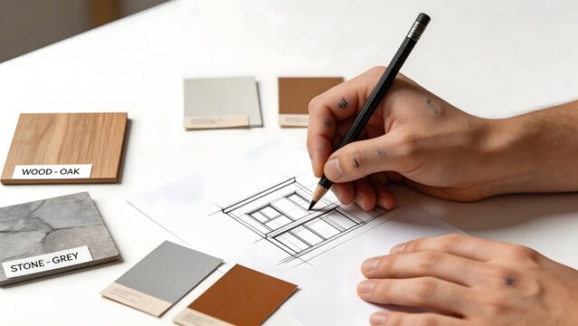 Person sketching design with material samples