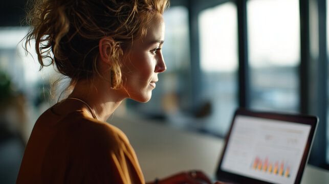A European marketing specialist viewed from the side reviews glowing softly defocused advertising campaign metrics on a bright laptop in a calm modern office, marketing review, fac