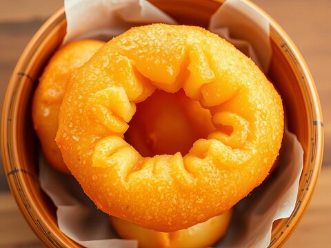 Crispy youtiao, golden chinese doughnuts, airy texture, top view in bowl,  food close up,  fried food