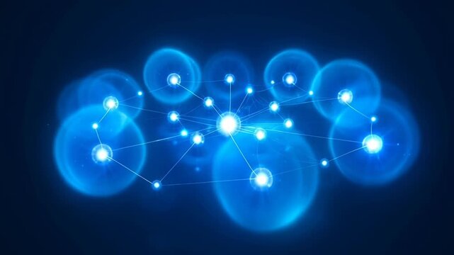 A vibrant, abstract digital illustration depicts a glowing network of interconnected nodes and lines against a deep blue background, symbolizing connectivity and data flow.