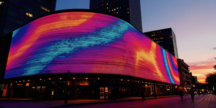 Building facade displays colorful abstract light patterns. Evening cityscape with illuminated screen and distant skyscrapers. People walk on sidewalk near vibrant digital art display.
