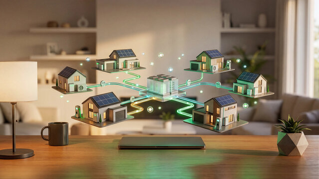 Miniature smart homes with solar panels and ev chargers connected to central battery hub by glowing green energy flows on wooden desk showcasing peer to peer renewable power sharing network concept