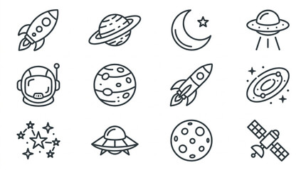 Collection of Space Icons and Symbols in Simple Line Art Style. © Ramdani