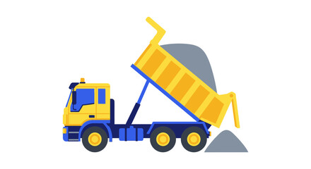 Naklejka premium Yellow and Blue Dump Truck Unloading Sand or Gravel Flat Vector Illustration, Industrial Construction Tipper Truck Isolated on White Background for Building and Engineering Design