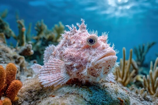 Close-up of a shaggy frogfish blending into textured reef scenery