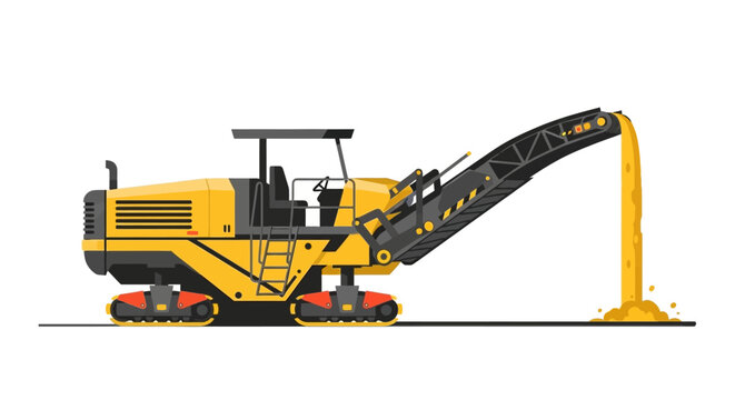 Yellow Cold Milling Machine Vector Illustration - Heavy Road Construction Equipment and Asphalt Pavement Maintenance Tool