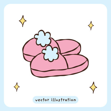 Cute pink fluffy house slippers, cozy footwear doodle vector illustration