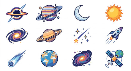 Collection of Space Objects and Celestial Bodies Icons. © Ramdani