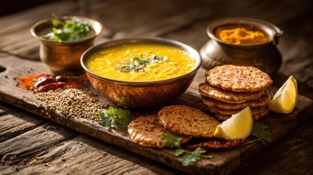 Close-up of dal, baati and churma on a rustic wooden background with spice accents