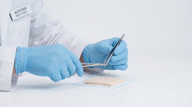 Medical student preparing gloves for clinical training, representing healthcare education and first practical medical experiences, Isolated on White background
